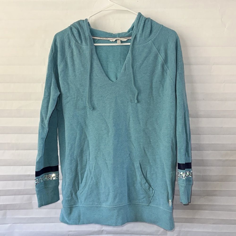 Victoria's Secret Teal "Love" Hoodie Size S/P Long Sleeve Sequined Pullover